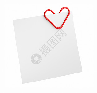 关于办公室业务概念白背景的纸和红心形状剪贴片附于文件3d插图背景图片