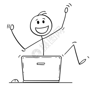 贷后管理卡通棍子画着快乐跳舞的人或商在笔记本电脑后庆祝成功的概念插图插画