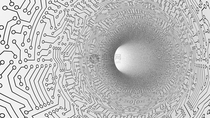电路板图案纹理的高速公路白色隧道数字计算机技术概念的高科背景走向光线3D抽象插图图片