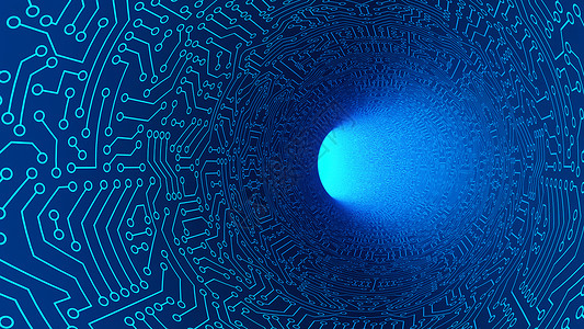 朝向具有电路板图案纹理的高速公路上蓝色隧道数字计算机技术概念的高科背景正向灯光移动3D抽象插图背景
