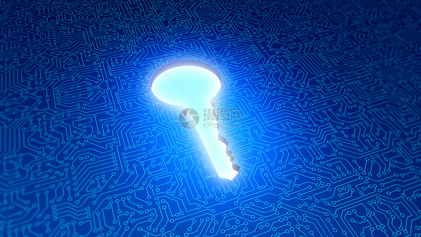 带有蓝电路板图案纹理的钥匙孔数字计算机技术安全概念的高技术背景3d插图图片