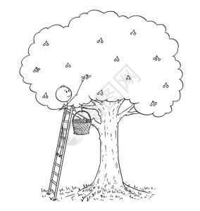 卡通棍描绘男人站在梯子上和从高樱桃树采摘水果的概念插图图片