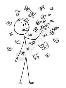 魔术快斗卡通棍在概念上展示了快乐的笑人享受着被周围飞来去的大量蝴蝶环绕快乐微笑人白日梦或环境保护的概念快乐人的卡通在蝴蝶身边环绕着他的快插画