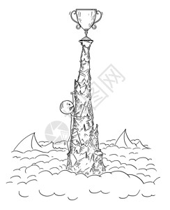 曼查德廷塔卡通棍在概念上展示男人或商在危险的悬崖或山顶爬上和以赢得代表成功的杯子插画