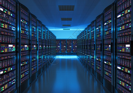 数据中心互联现代网络和互联电信技术大数据存储和云计算机服务业概念机室内部蓝光数据中心背景