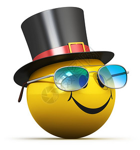 不明白表情3D以黑色帽子微笑和白背景所孤立的蓝色时装眼镜来展示快乐的黄色笑脸面罩表情球设计图片