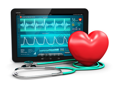 低频脉冲具有创意的抽象心血管保健医学和心脏病疾医疗工具技术概念白背景隔离在屏幕听诊镜和红心形上的有脏病诊断测试软件的平板电脑个人背景