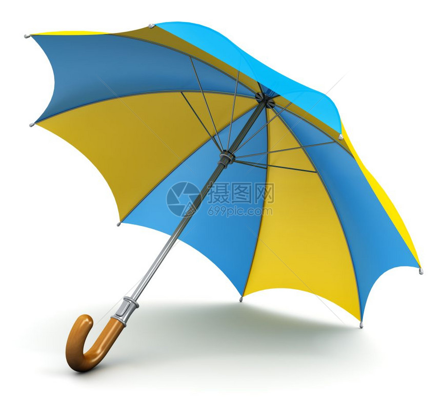 创意抽象3D表示蓝色和黄伞或阳的插图木柄与白色背景隔绝图片
