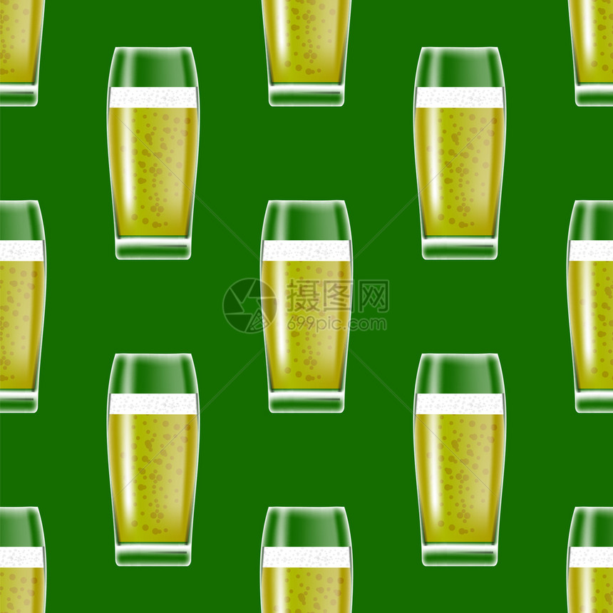 透明啤酒杯无缝绿色背景模式透明啤酒杯无缝模式图片