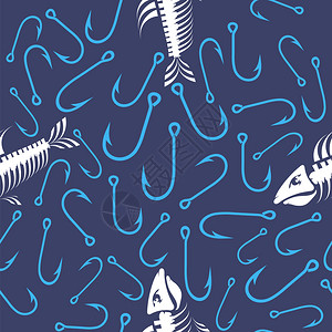 白鱼无钩和缝模式在蓝背景上孤立海鱼图标白无钩缝模式海鱼图标图片