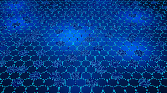 数字据蓝色背景计算机技术概念结构中的六边形状和电路板3d抽象图解图片
