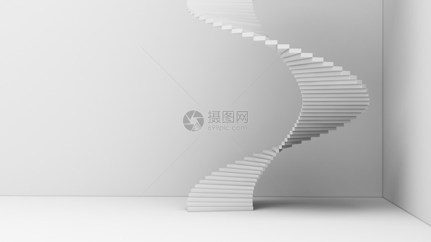 在最起码的建筑图形设计概念中在白色背景上隔离的螺旋楼梯3d抽象插图图片