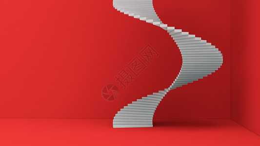 在最起码的建筑图形设计概念中在红色背景上隔离的螺旋楼梯3d抽象插图背景图片