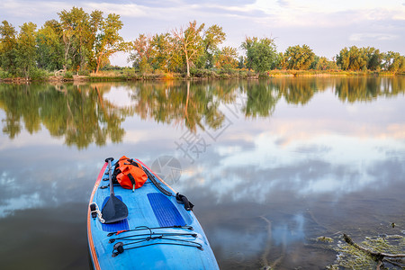 在科罗拉多北部的平静湖岸上夏季风景中用桨安全皮带和防水护身衣站起桨板在夏季风景中划桨安全带和防水护身衣背景图片