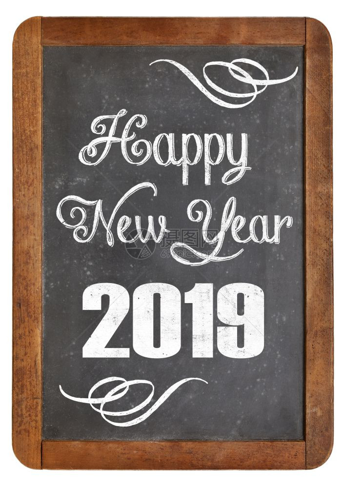 新年快乐2019年在古老的黑板上问好白的黑板图片