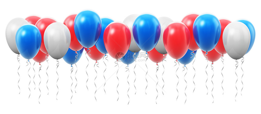 具有创意的抽象节日庆祝概念3D表示红色蓝和白闪亮透明的橡胶充气球或白底孤立的图片