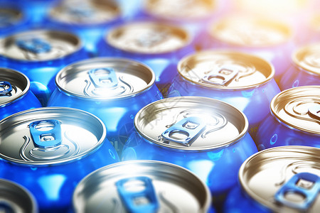 创意抽象的3D表示蓝色金属闪亮饮料罐的宏观点加上苏打饮料有选择焦点效果背景图片