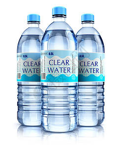 表示水的素材3D表示三瓶塑料组清晰净水碳化与白色背景隔绝反射效果背景