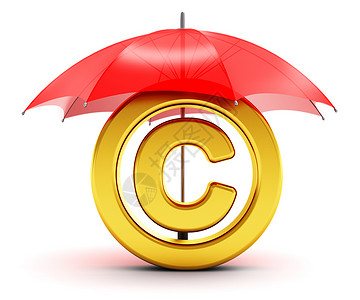 版权声明创意抽象知识产权保护专利和商标法技术概念3D将白色背景孤立的红伞覆盖闪亮金属版权商标符号作为插图背景