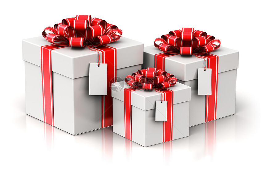 创意抽象的圣诞节或圣诞节新年或生日传统庆祝概念3D表示一组或三件红色礼物或提供盒式容器装有闪亮的彩色金属丝带弓和贴白底隔离的标签图片