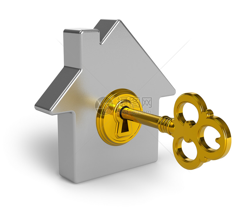 房地产概念金属房屋形状符号金钥匙孔白色背景面隔开图片