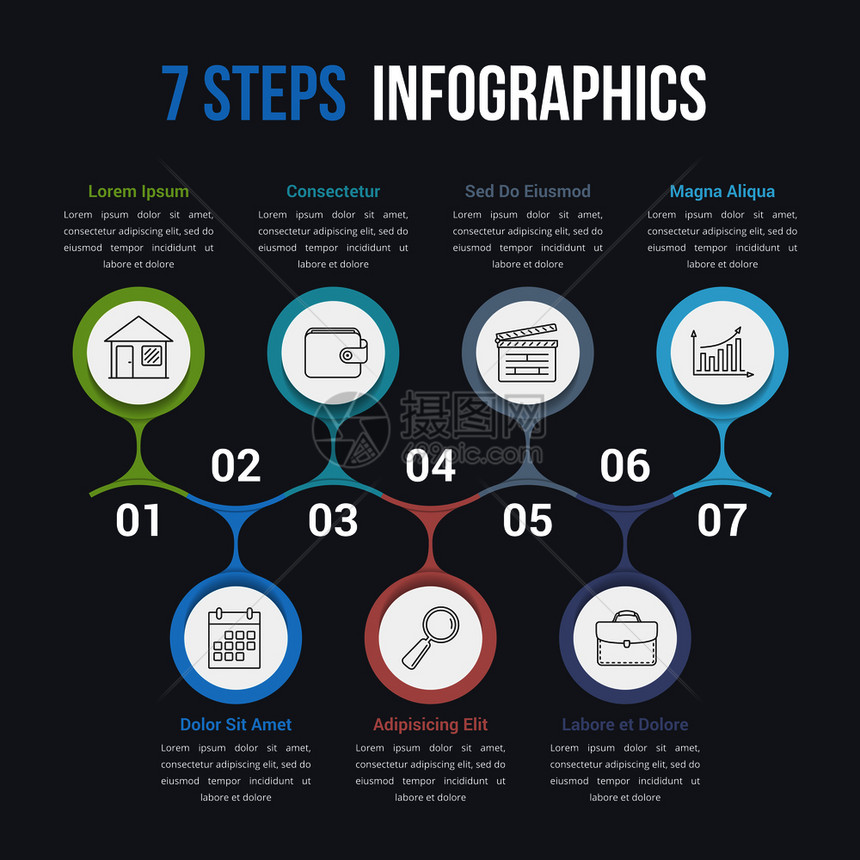 包含七个插件或选项业务信息流程工作图矢量eps10插图等7个件或选项矢量插图的Infograph模板图片