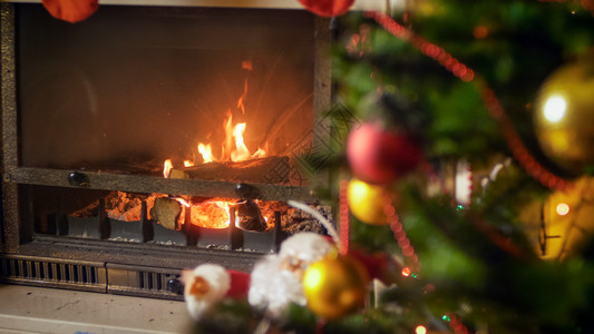 圣诞树和起居室壁炉燃烧的火紧贴照片圣诞树和起居室壁炉燃烧的火紧贴图像图片