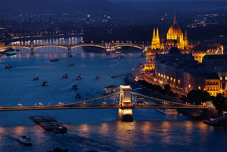 玛格丽河匈牙利布达佩斯议会与桥梁在晚上亮明背景