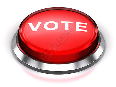 创意抽象投票和选举商业概念3D表示红色光滑圆按钮或图标将选票文字单词孤立在白背景上并产生反射效果背景图片