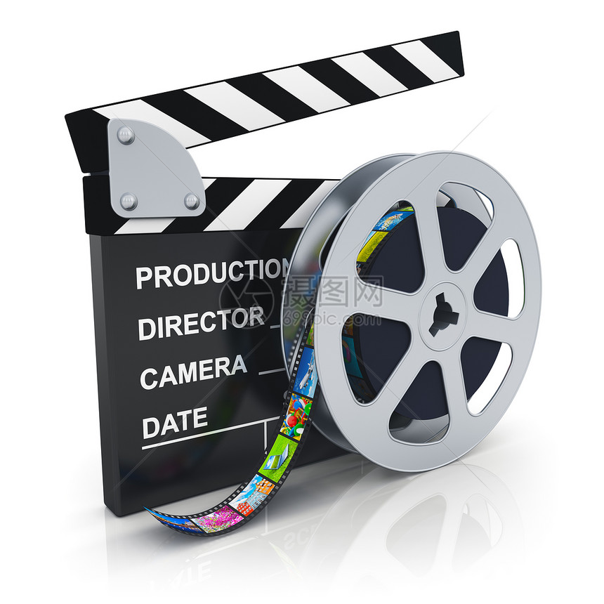 电影和视频媒体产业概念带电影片面板和胶的以白色背景隔离的彩图片拍摄并产生反射效果图片