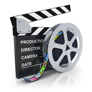 电影效果电影和视频媒体产业概念带电影片面板和胶的以白色背景隔离的彩图片拍摄并产生反射效果背景