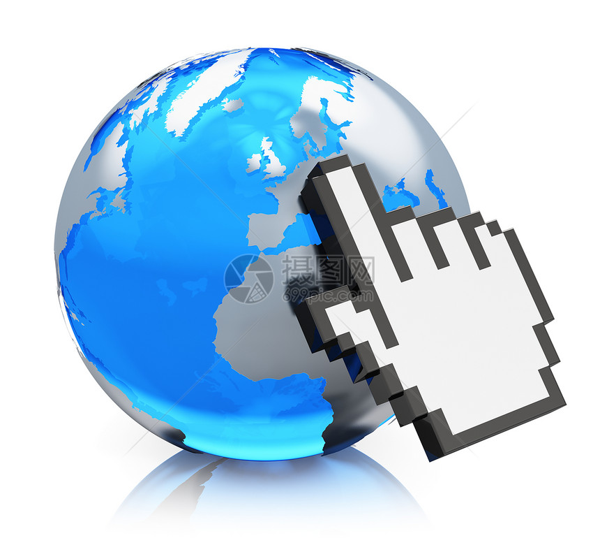 创意互联网www和全球通信网络概念蓝色玻璃地球将选择的手动计算机光标与白色背景隔离产生反射效果图片