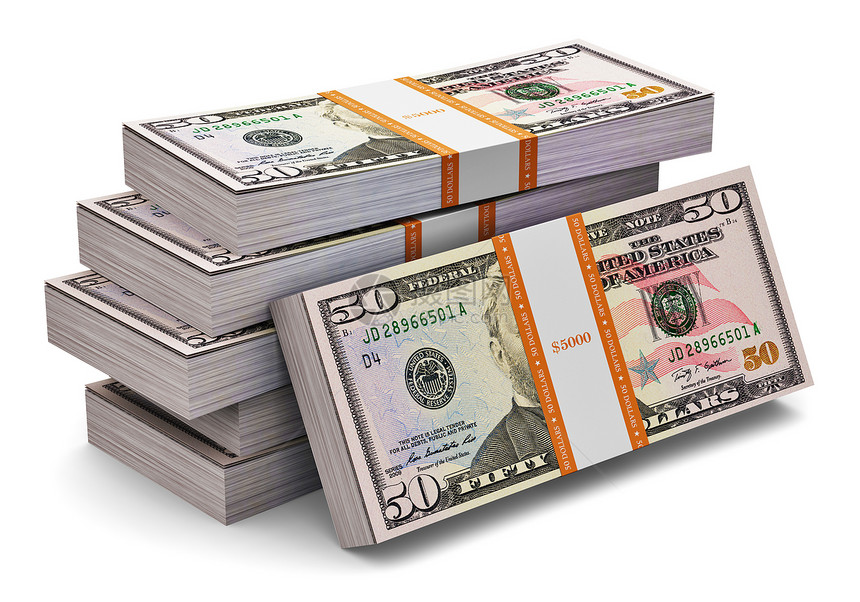 富有创意的抽象银行货币创造和商业成功的金融概念大量50美元钞票堆白种背景孤立的钞票图片