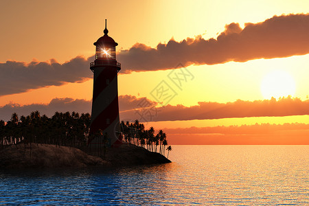 红日落的美丽景色与岛上的灯塔在海图片
