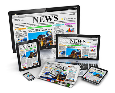 网站新闻现代计算机媒体设备概念台式监视器办公室膝上型计算机平板电脑和黑色光滑触摸屏智能手机网上络商业新闻在屏幕和白背景孤立的彩色报纸堆叠背景