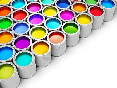 抽象创造概念一组金属锡罐白色背景上隔离的彩色涂染料图片