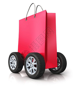 创意商业抽象零售和网上购物折扣以及免费运输和交货概念3D为红色纸袋插图用白色背景孤立的车轮用红色纸袋进行展示并产生反射效果背景图片