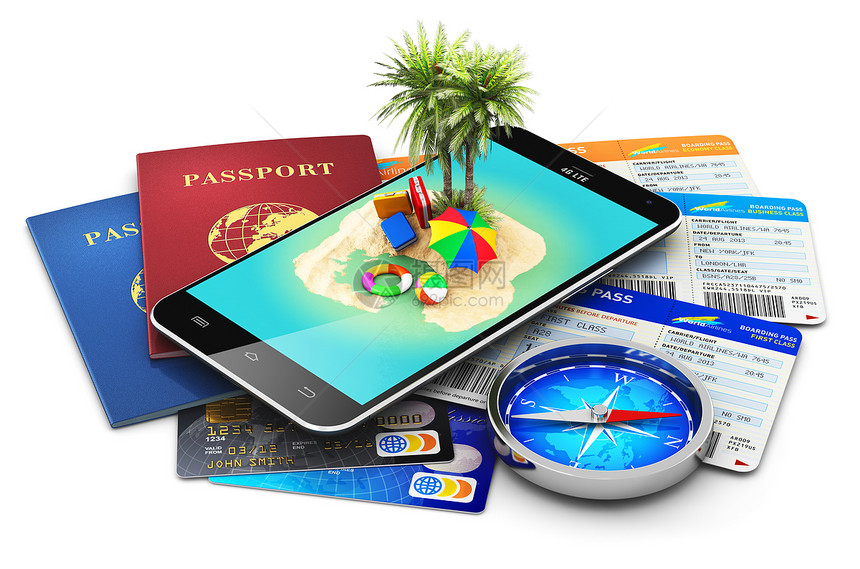 具有创意的抽象旅行游暑假和期概念3D将现代黑色彩触摸屏智能手机与热带岛屿和棕榈树国际生物鉴别护照机票或登证磁罗盘和白色背景孤立的图片