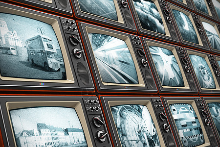 阴极射线管具有创意的抽象电视广播新闻媒体商业娱乐和电影概念各种广播频道的旧木黑白电视屏幕墙背景