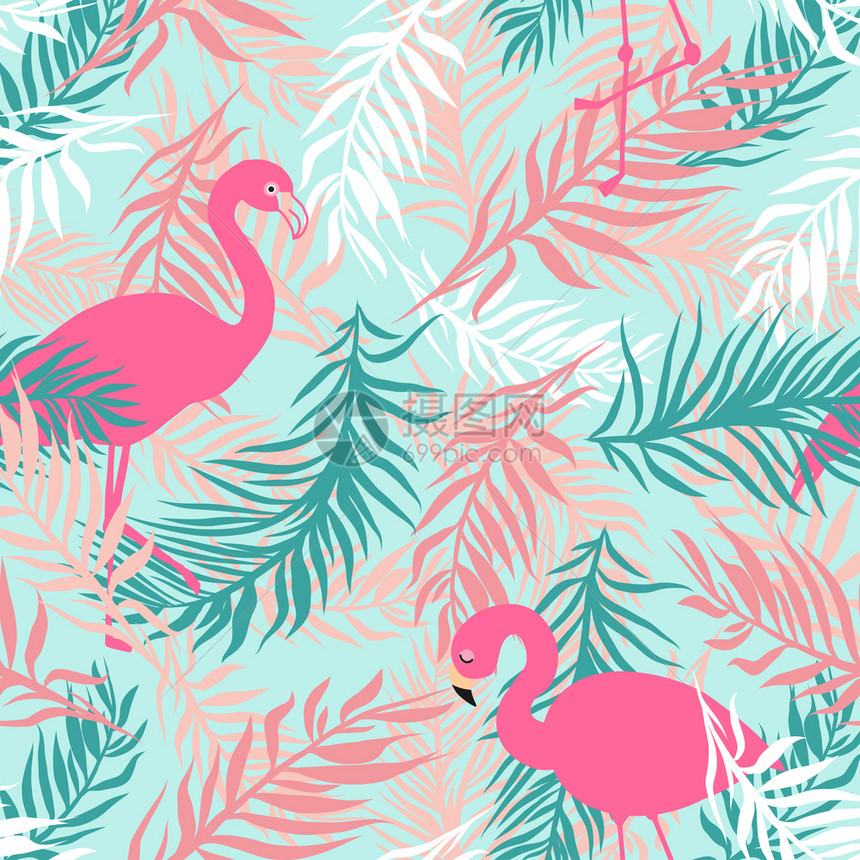 无缝病媒花卉形态粉红火烈鸟和蓝底热带棕榈叶图片