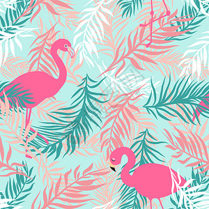 火烈鸟与植物无缝病媒花卉形态粉红火烈鸟和蓝底热带棕榈叶背景