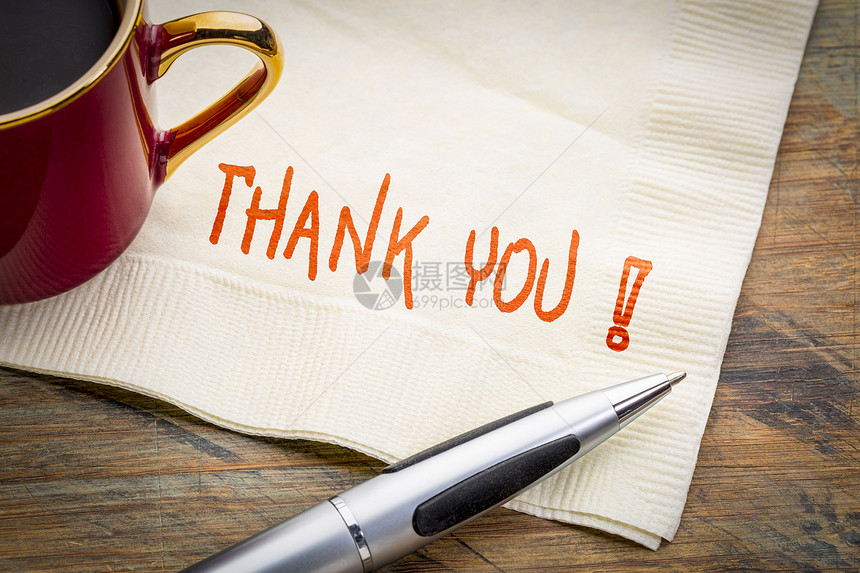 感谢您的话语在餐巾纸上的笔迹加一杯咖啡图片