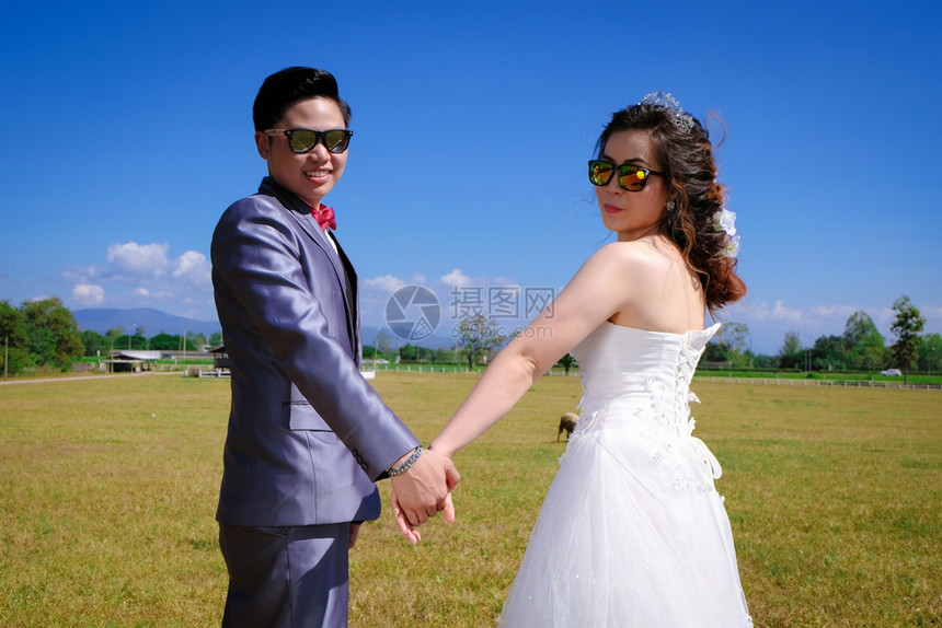 情人节年轻的亚洲结婚夫妇新郎和在花园的娘图片