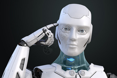 机器人在头部附近握着一只手指3D插图思考机器人图片