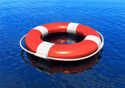 水上旅行安全概念蓝色水中的红救生带及反射效果图片