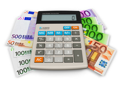 财务会计概念白背景孤立的欧元钞票堆数办公室计算器图片