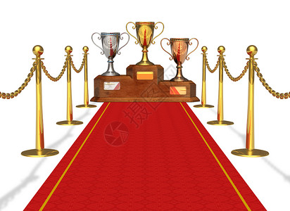 成功和就概念在白背景上孤立的圣节和红地毯上的奖杯背景图片