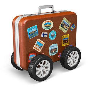 环世界各地旅行和游概念带标签的皮革旅行案例和白色背景孤立的车轮图片