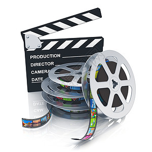 电影和视频媒体行业概念装有电影片的金属胶板和堆叠的金属胶片以白色背景隔离的彩图片并产生反射效果背景图片
