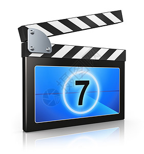 数字电影创意视频媒体和数字多娱乐概念电影和制作的黑蓝锁板以白色背景隔离产生反射效果背景